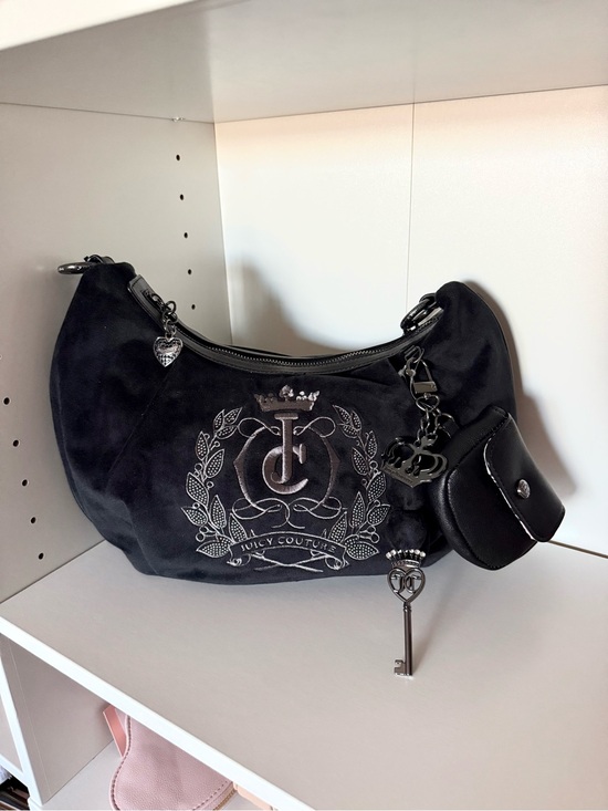 Juicy Couture Handbags - Juicy Couture “Sparkle Royal” Black Velvet Crest Hobo with Charm